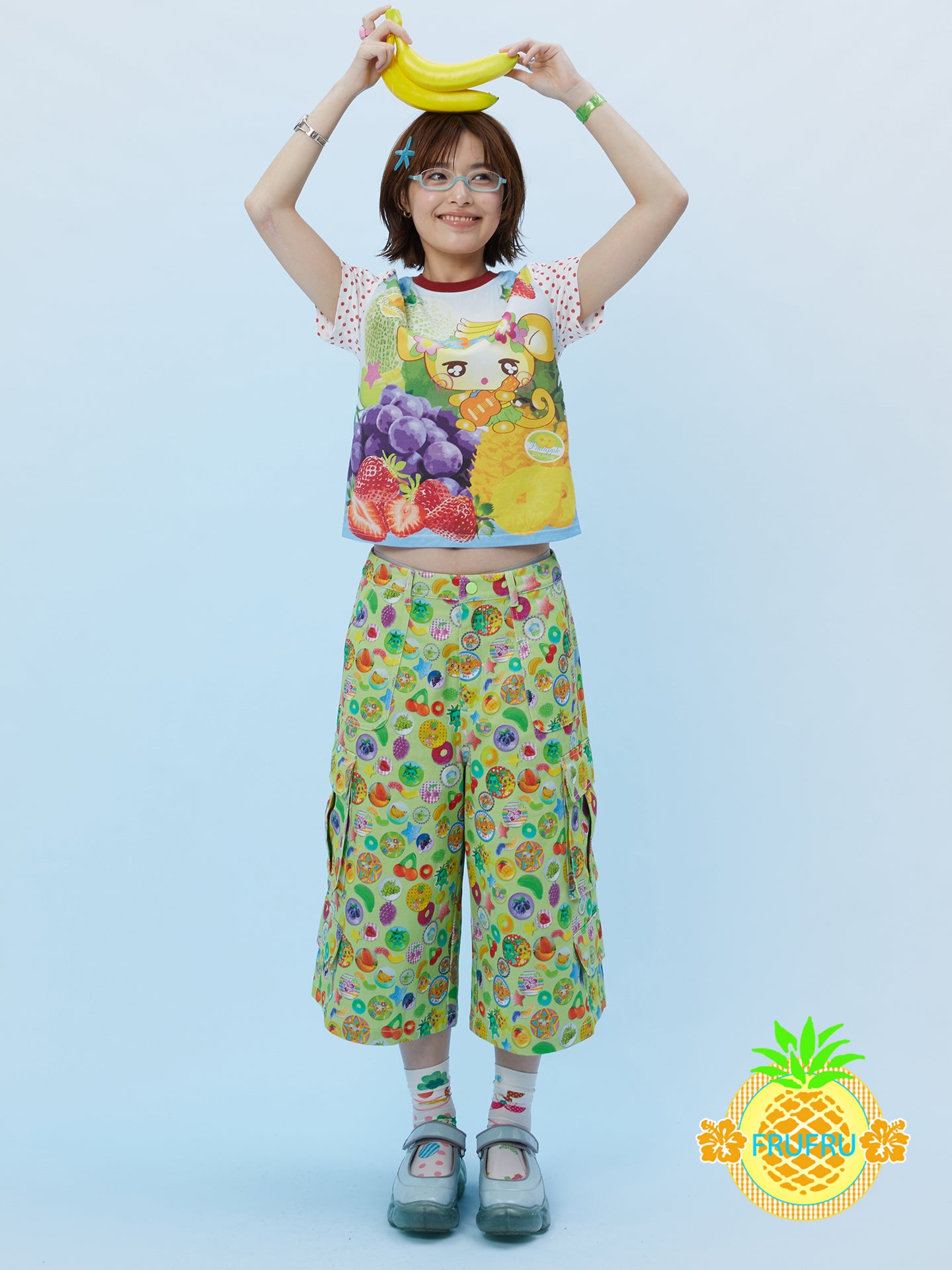 Frufru Vintage Badge Print Pleated Overlay Culottes | Two-Piece Look Shorts Skirt pants frufru