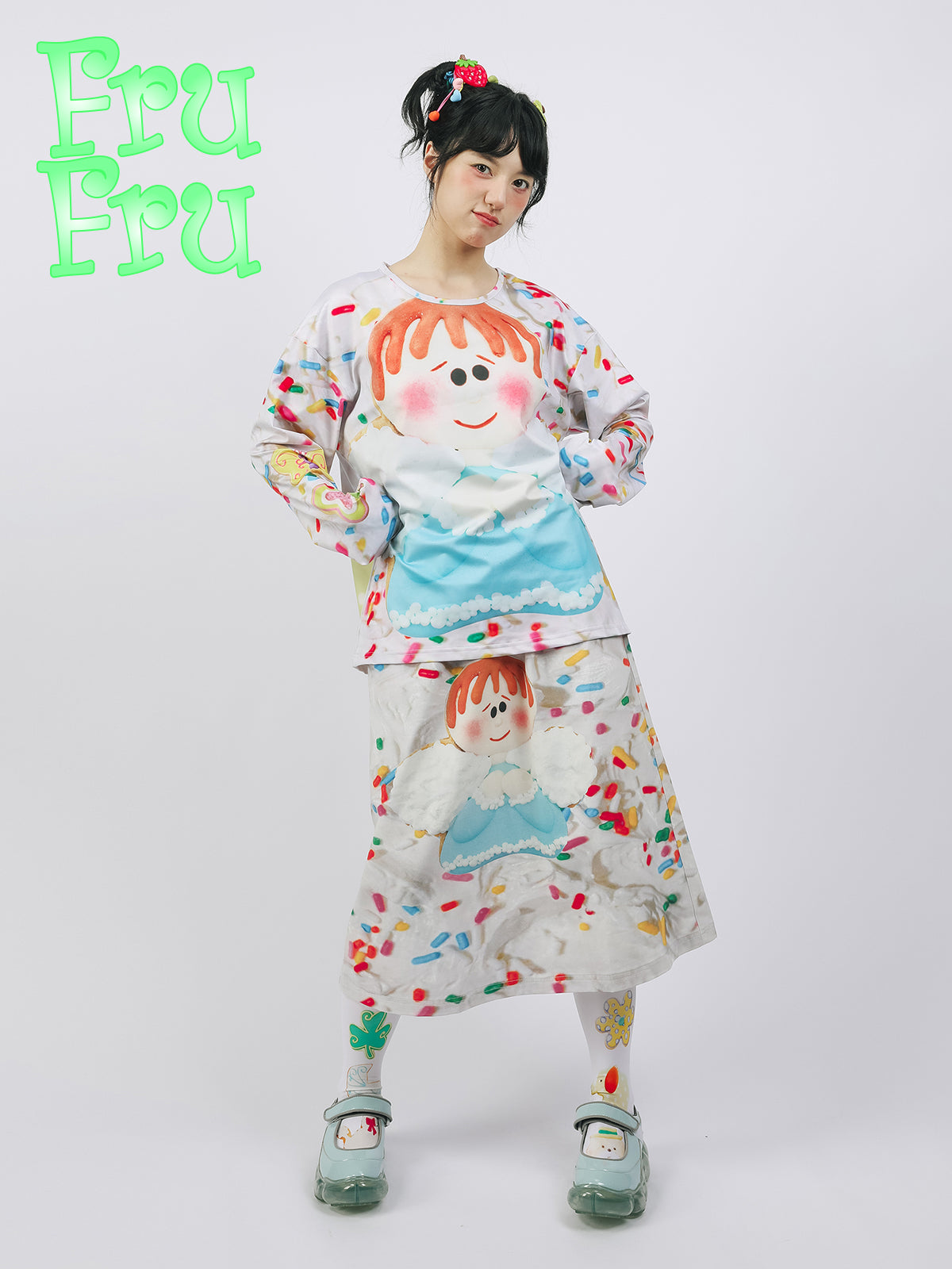 frufru Angel Cookie A-line Skirt | Harajuku Cotton Printed Midi Skirt