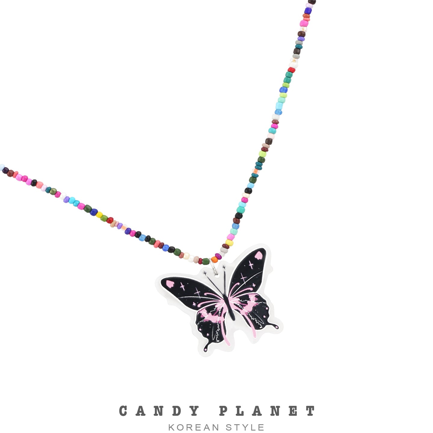 Candy Planet - Decora Kei Black Pink Butterfly Beaded Necklace necklace candy planet