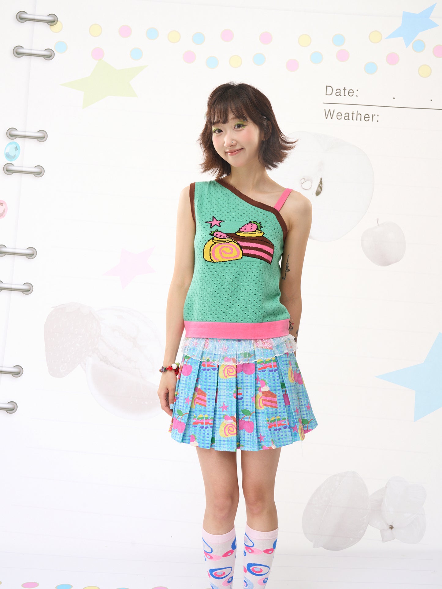 FRUITS Strawberry Cake Knit Tank | Hollowout Kawaii One-Shoulder Top camisole Fruits