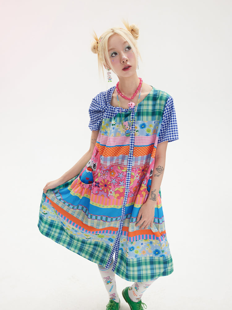 Tntntutu Colorblock Dress | Floral and Checkered Print Dress | Bunny Applique Dress dress tntntutu