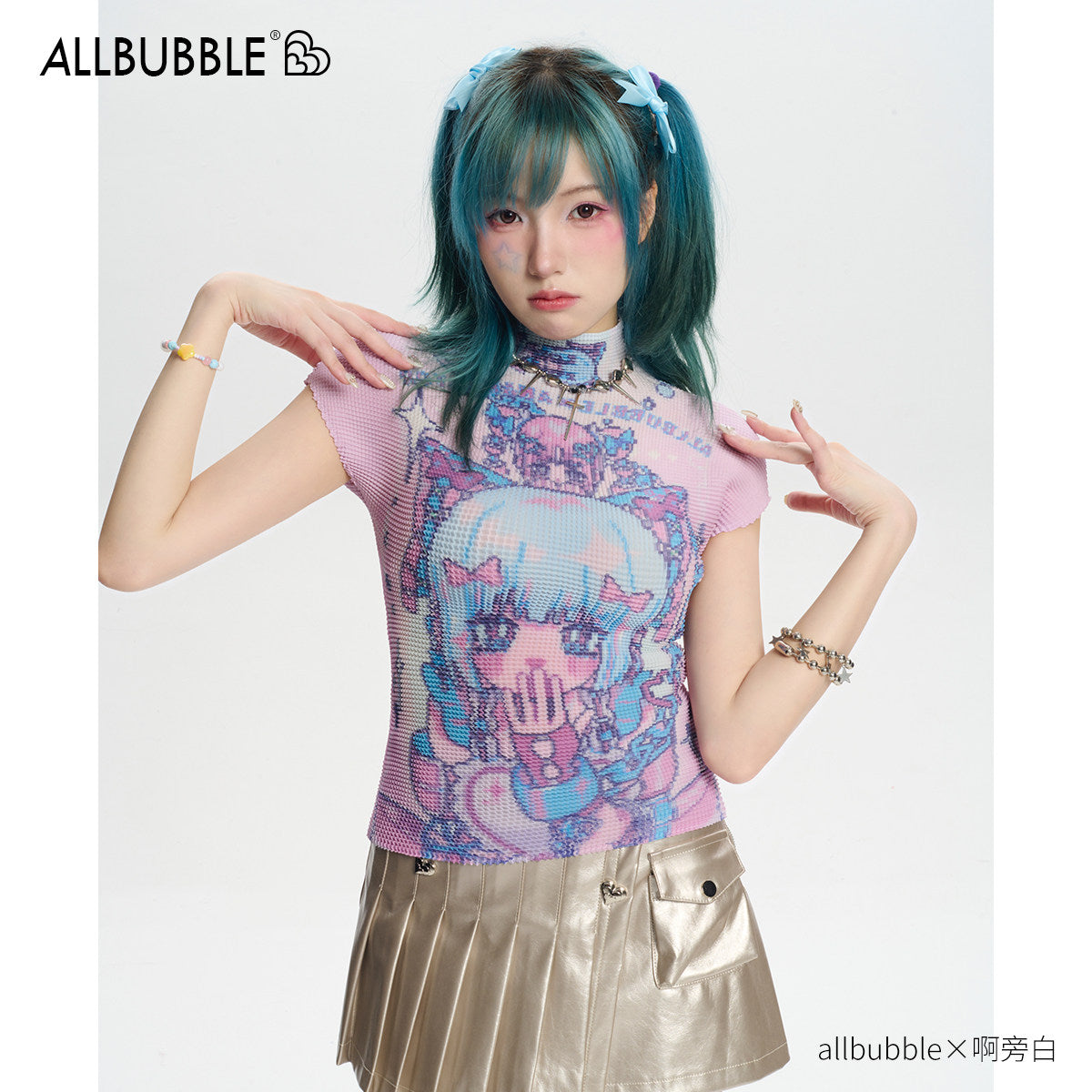 Allbubble - Pixel Print Pleated Tee shirt Allbubble
