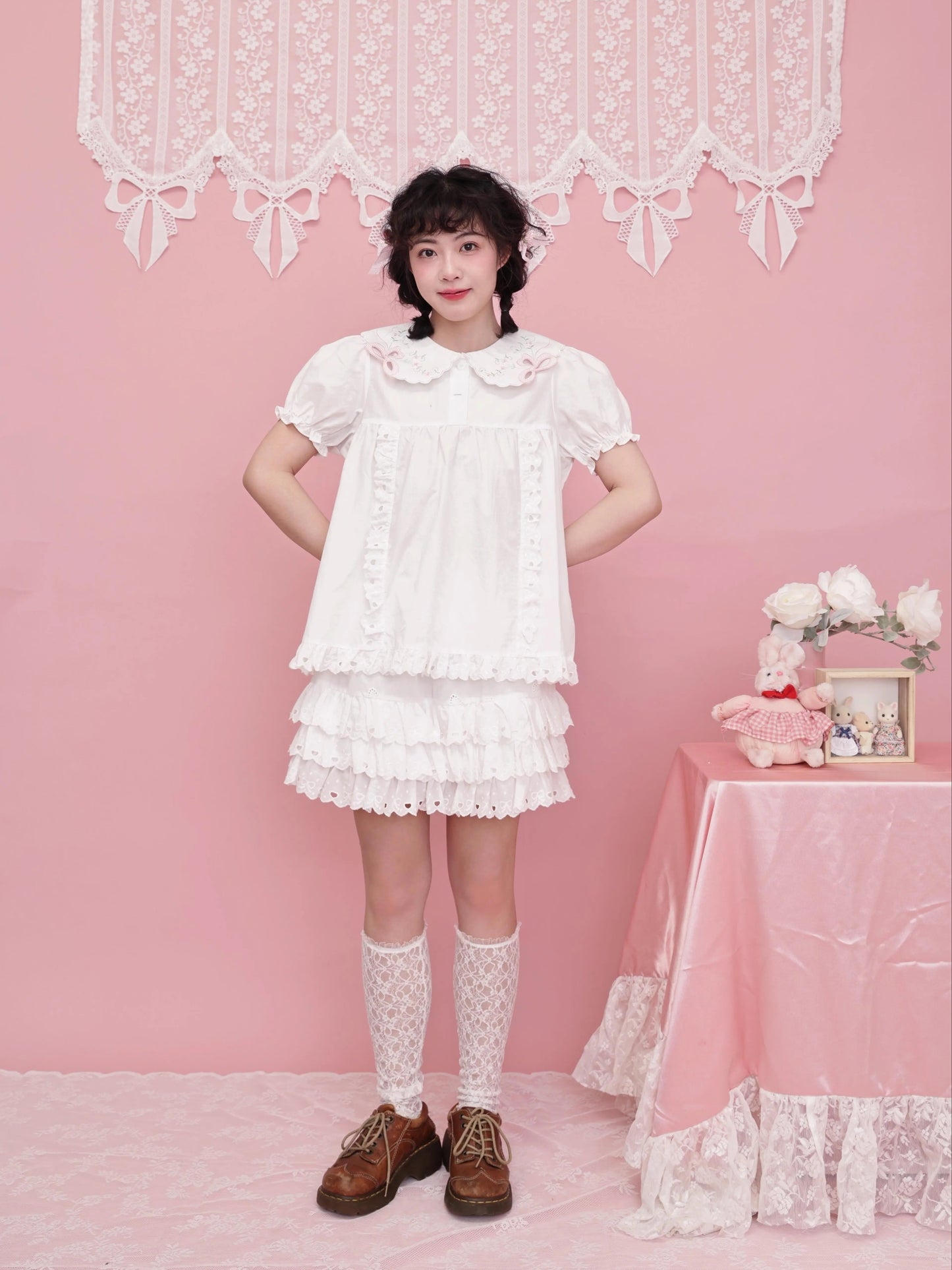 SemenCoicis – French Coquette Lace Bow Tiered Cotton Mini Skirt skirt SemenCoicis
