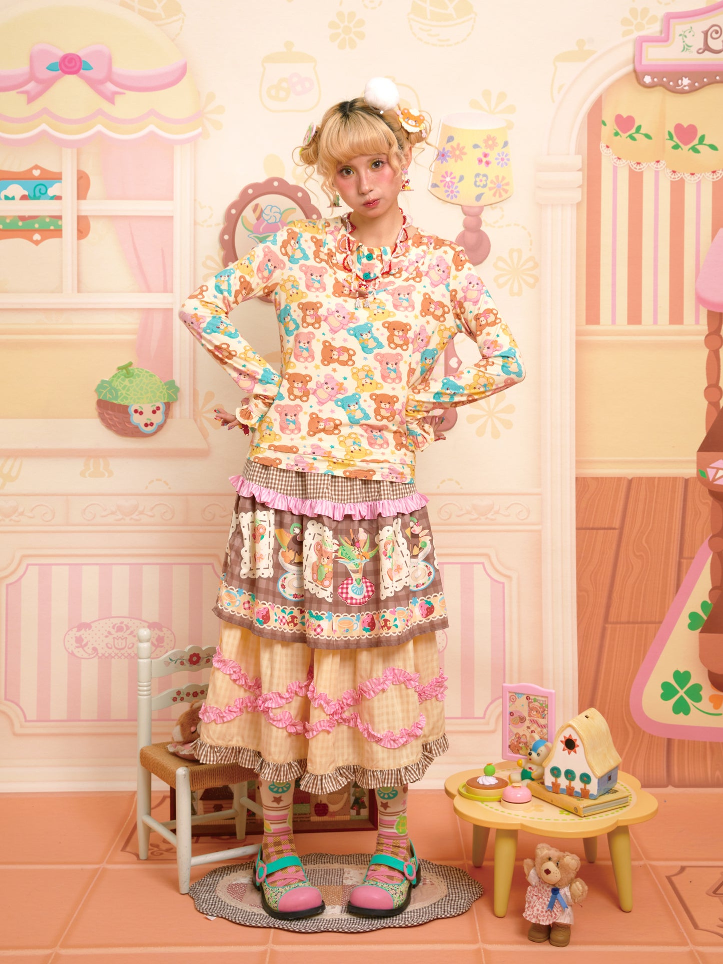 Lutra Jump - Decora Kei Bear Print Layered Long Sleeve Top shirt Lutra Jump