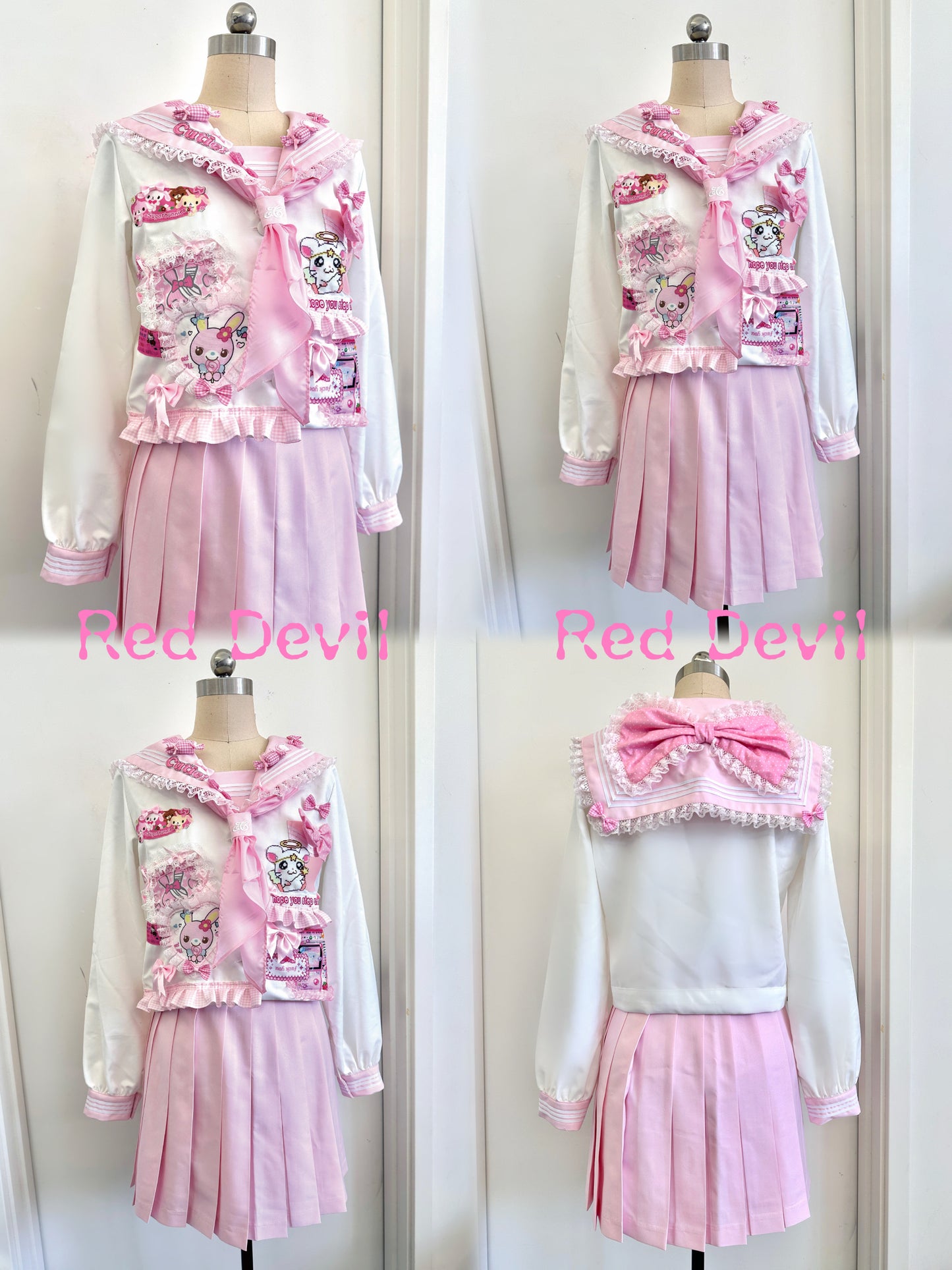 Red Devil Set Decora Kei Jacket Skirt Harajuku Lace Bow Sailor Set set Red Devil