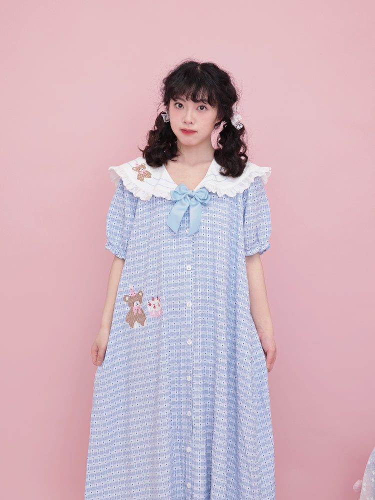 SemenCoicis Vintage Sailor Collar Dress | Kawaii Bear Motif & Heart Check Dress dress SemenCoicis