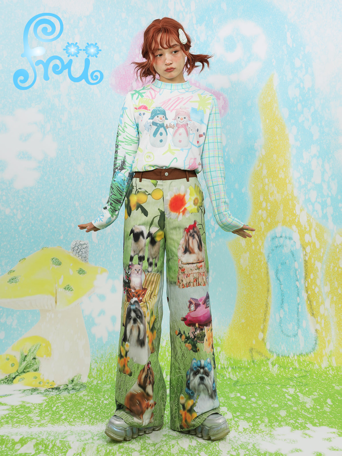 frufru Green Dog Print Pants | Wide-Leg Casual Pants | Cotton Vintage Pants pants frufru