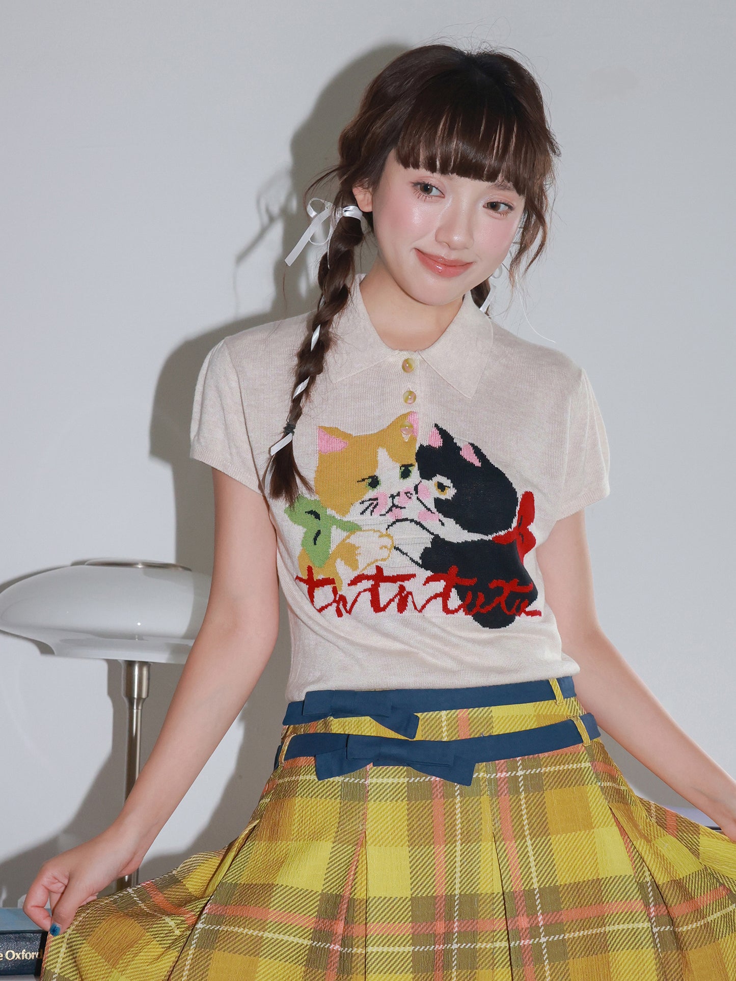 Tntntutu - Kawaii Red White Cat Knit Polo Shirt shirt tntntutu
