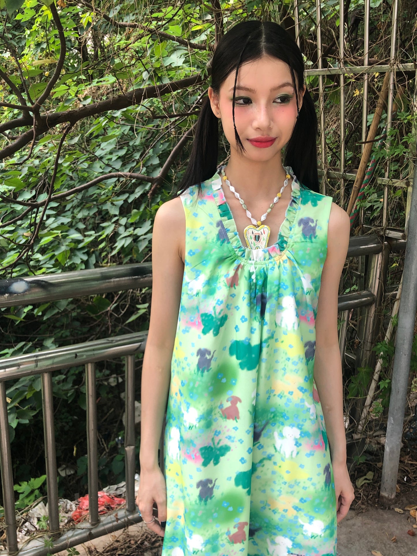 Harajuku Dress Green Sleeveless Dress Hand-painted Print Dress dress Moon Meadow