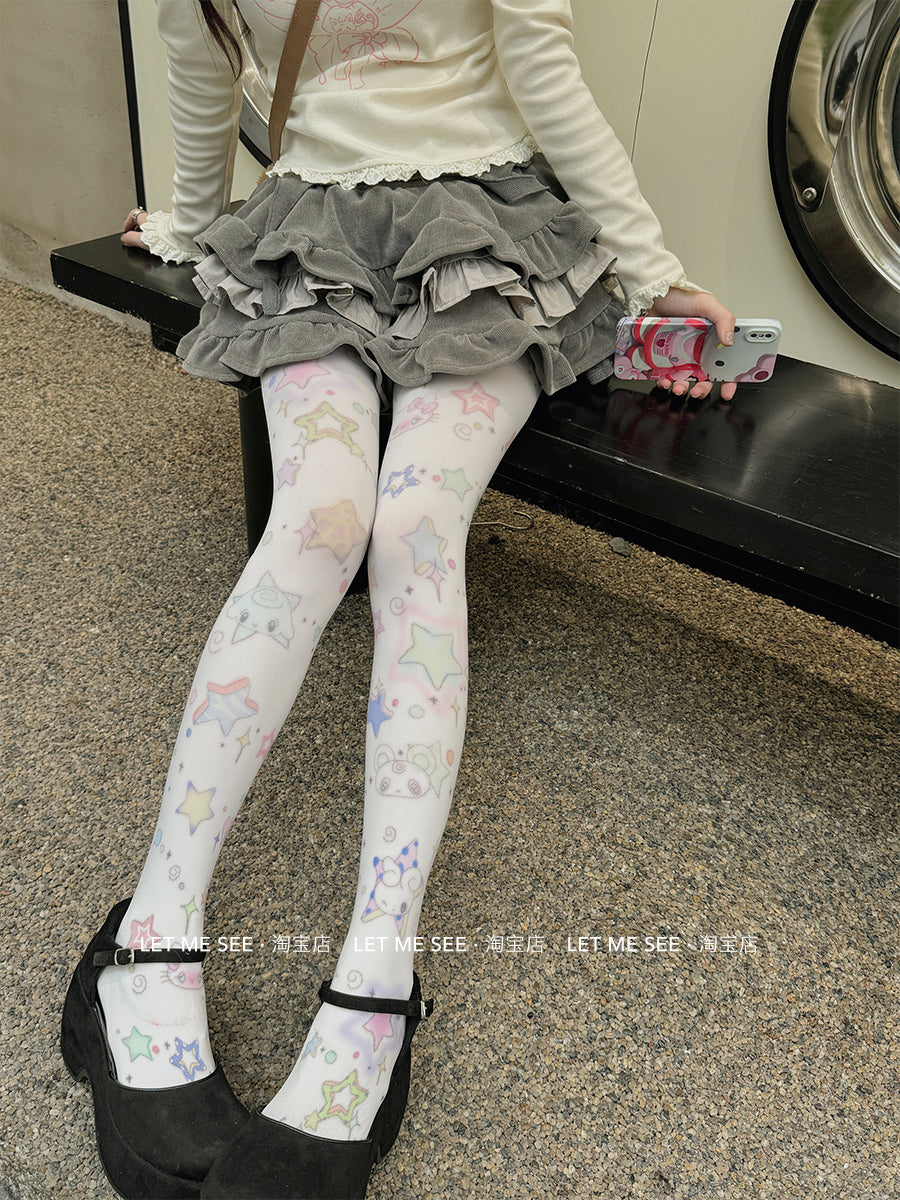 LET ME SEE Printed Velvet Tights | White Japanese-Style Pantyhose tights let me see