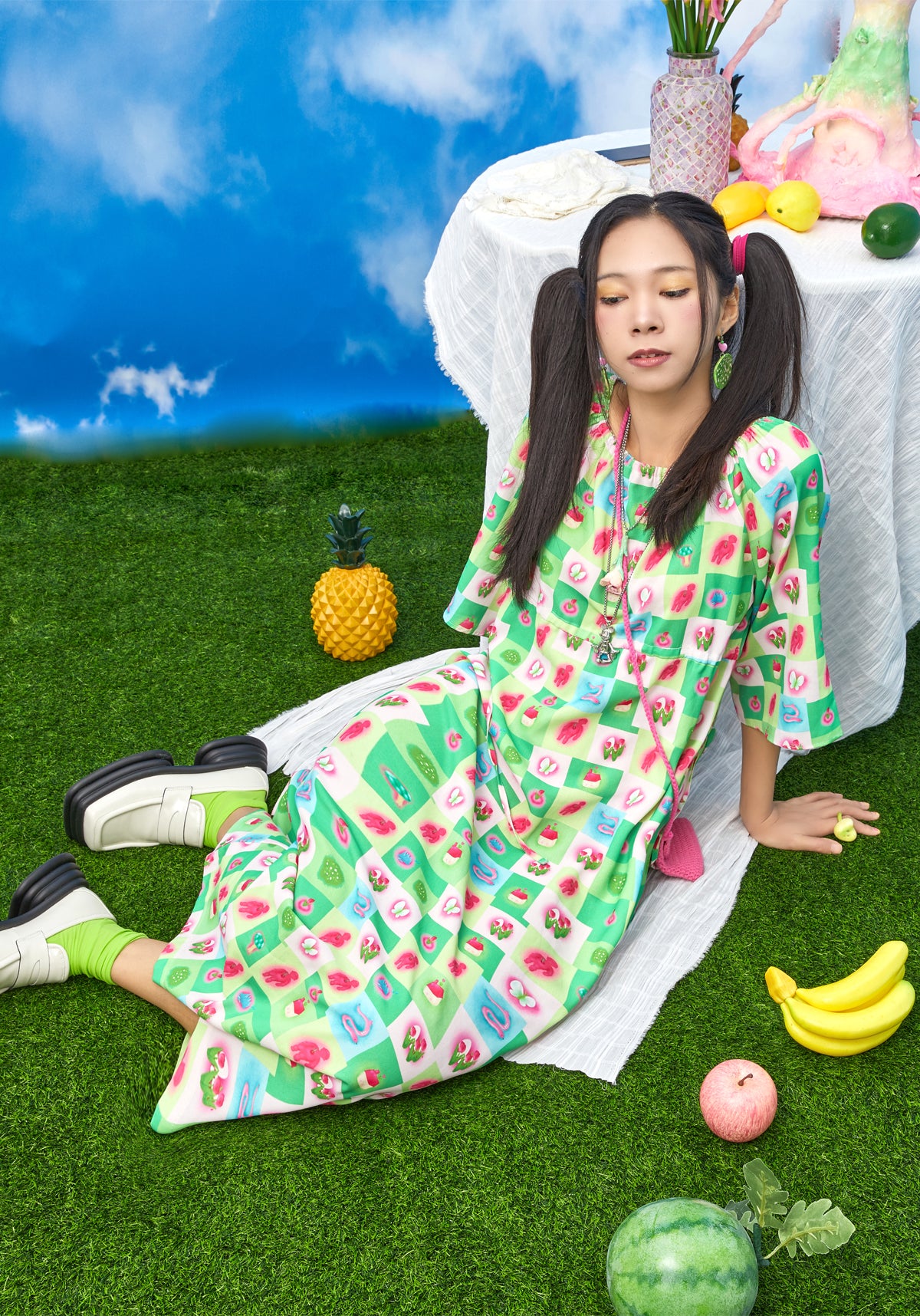 Harajuku Dress Green Floral Dress Summer Plaid Design Cute Unique Dress dress Moon Meadow