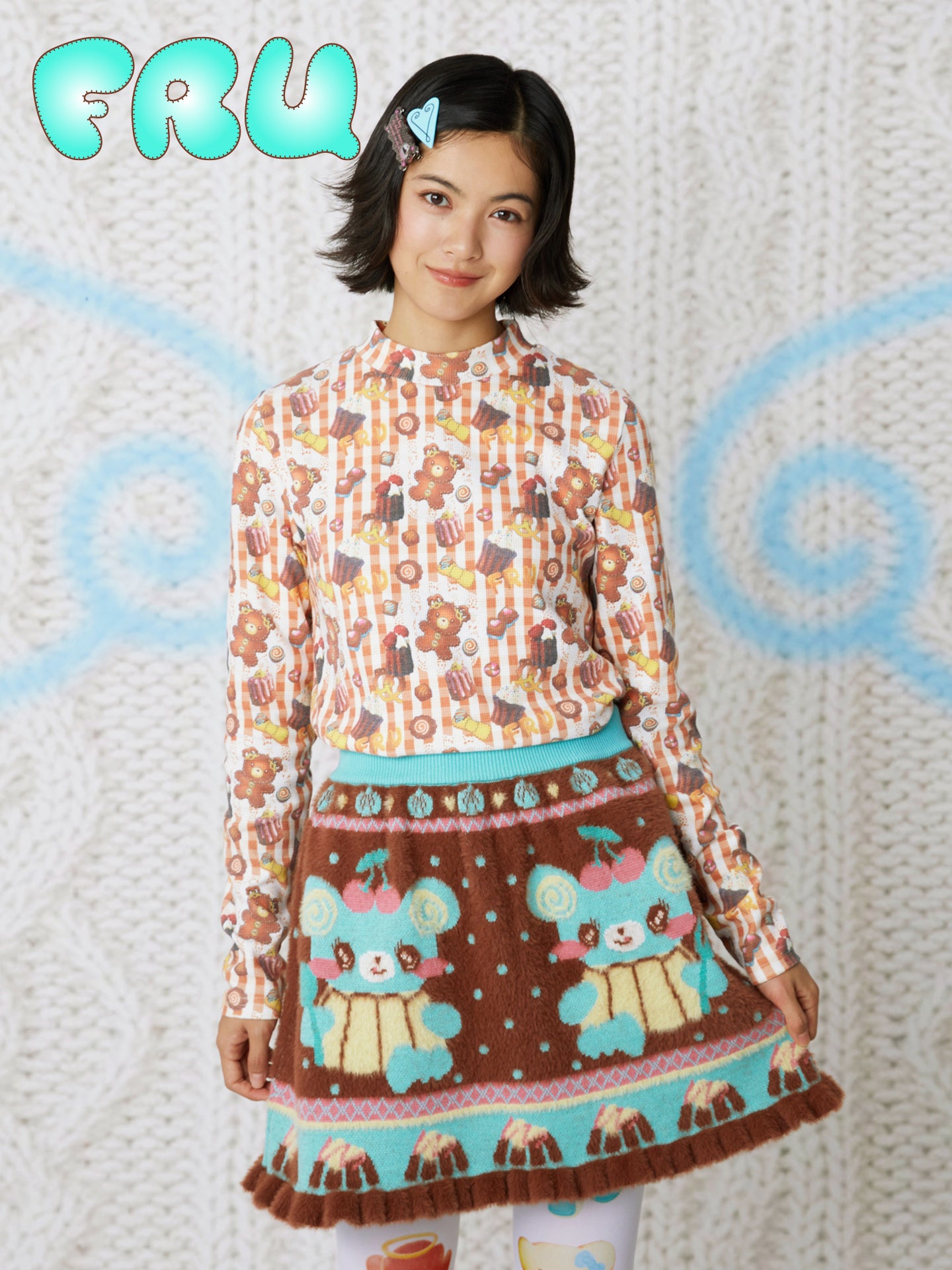 frufru - Kawaii Cookie Print Waffle Tee Long Sleeve Cotton Base Layer shirt frufru