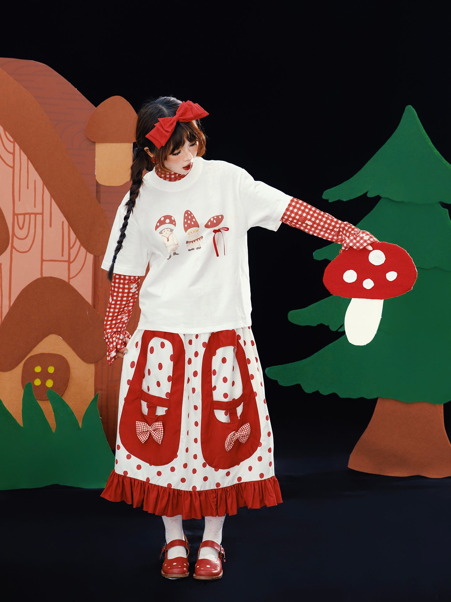 Meugler – Kawaii Red Mushroom Print Bow T-Shirt tshirt Meugler