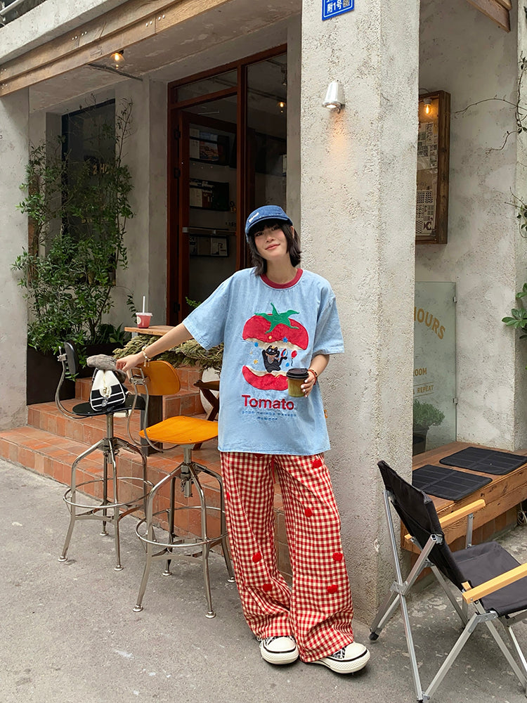 BIBULU - Kidcore Embroidered Cat Apple Tee Oversized tshirt BIBULU