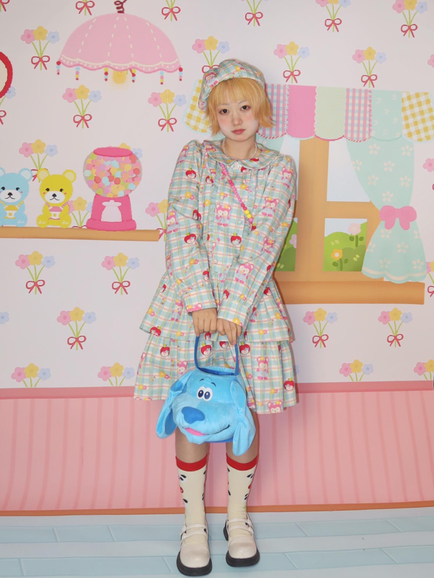 Kawaii Long-Sleeve Dress – Apple Mouse Print Loose Fit dress LULULULU