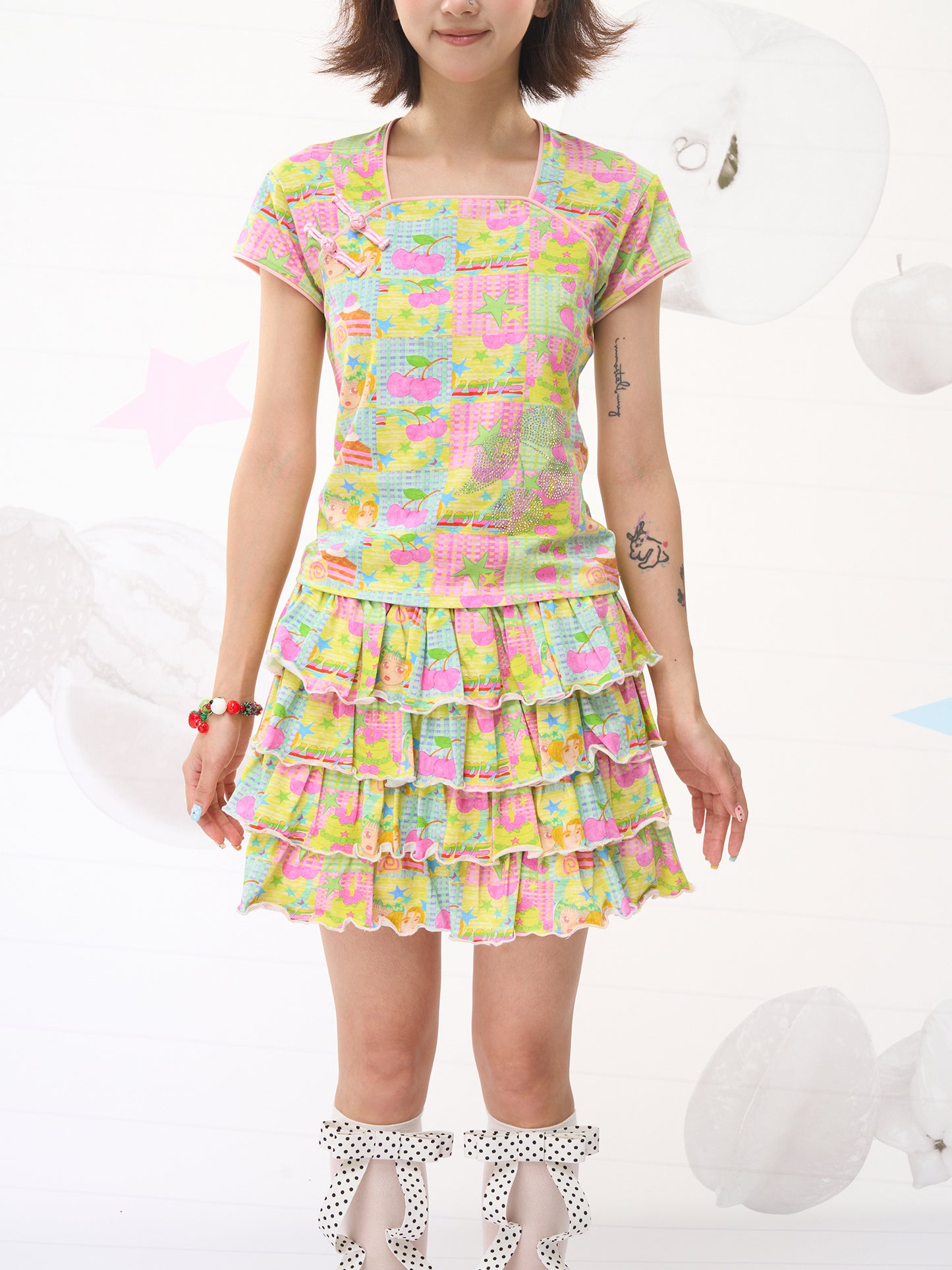 FRUITS Sweet Dream Illustrated Set | Chinese Knot Tee & Cake Skirt set Fruits