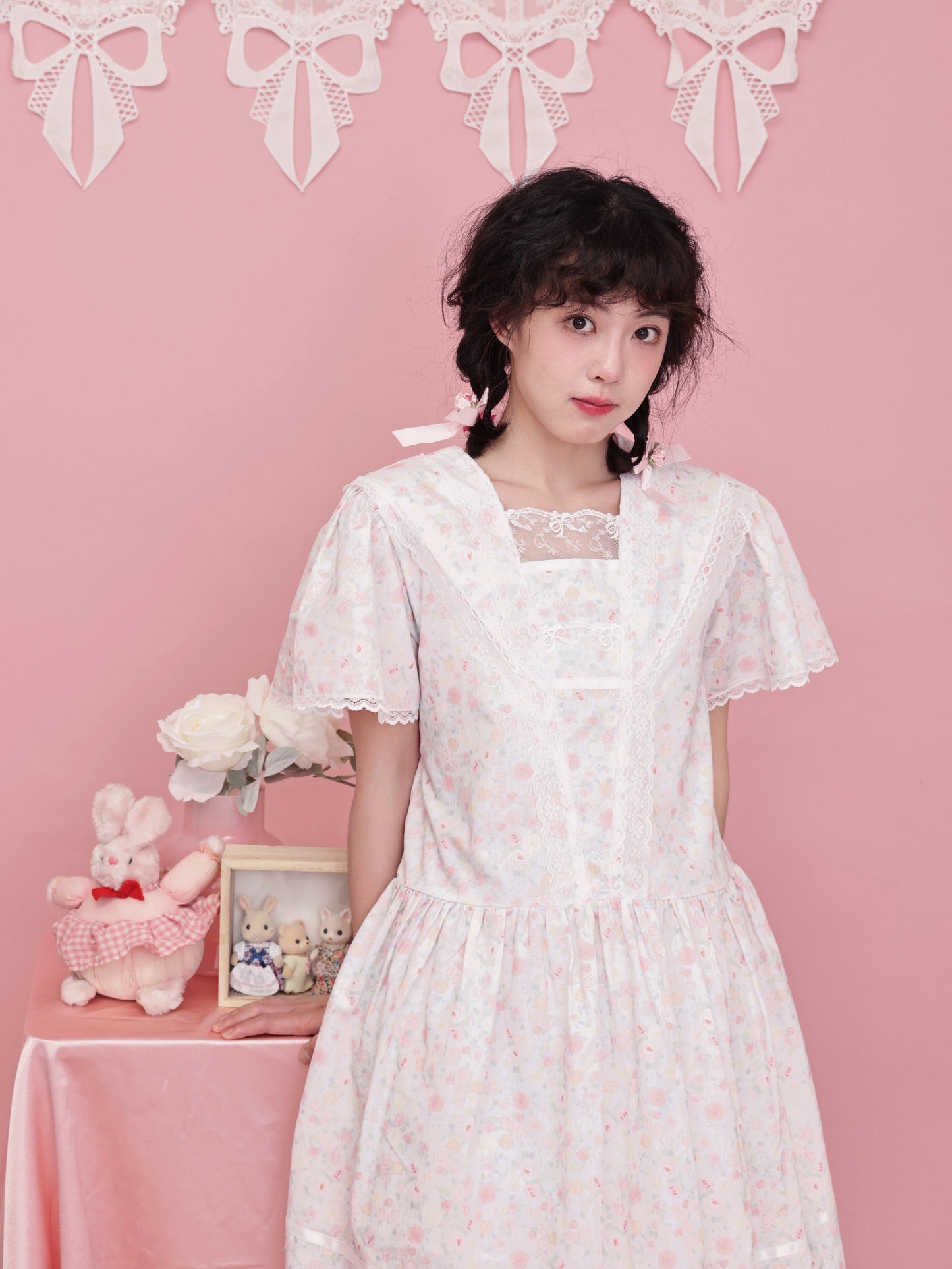 SemenCoicis – Vintage Rose Print Sailor Collar Lace Dress Retro Girl Aesthetic dress SemenCoicis