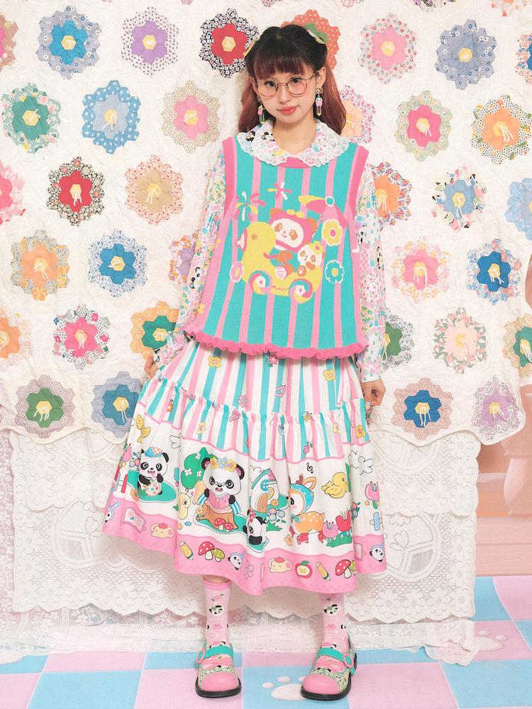 Lutra Jump Skirt Pink Green Striped Skirt Panda Cartoon Long Skirt skirt Lutra Jump