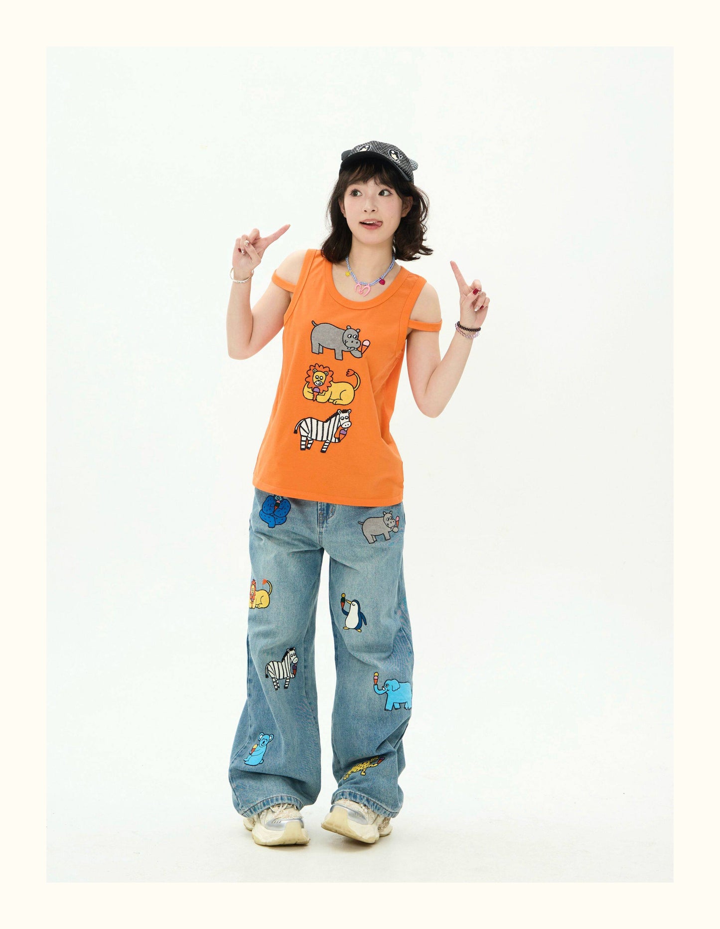 Robootoo - Orange Cartoon Embroidered Sleeveless Top tee Robootoo