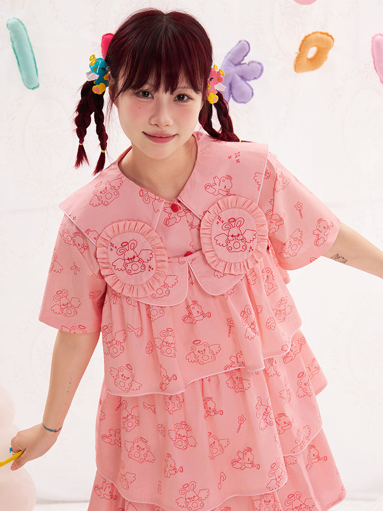 NIKKOU Pink Kawaii Adjustable Strap Jumper | Harajuku Angel Bunny Tiered Dress dress Nikkou home