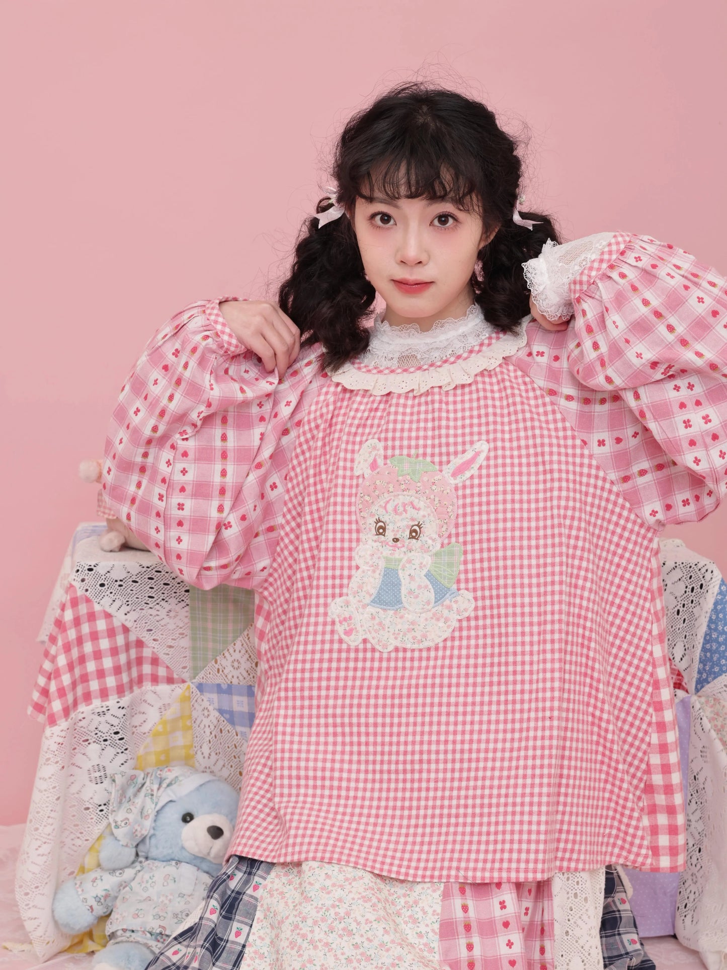 SemenCoicis Sweet Shirt Pink Plaid Blouse Strawberry Rabbit Shirt Lantern Sleeve Shirt shirt SemenCoicis