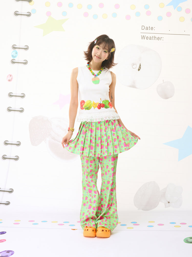 FRUITS Strawberry‑Art Pleated Skort | Decora Green Pants pants Fruits