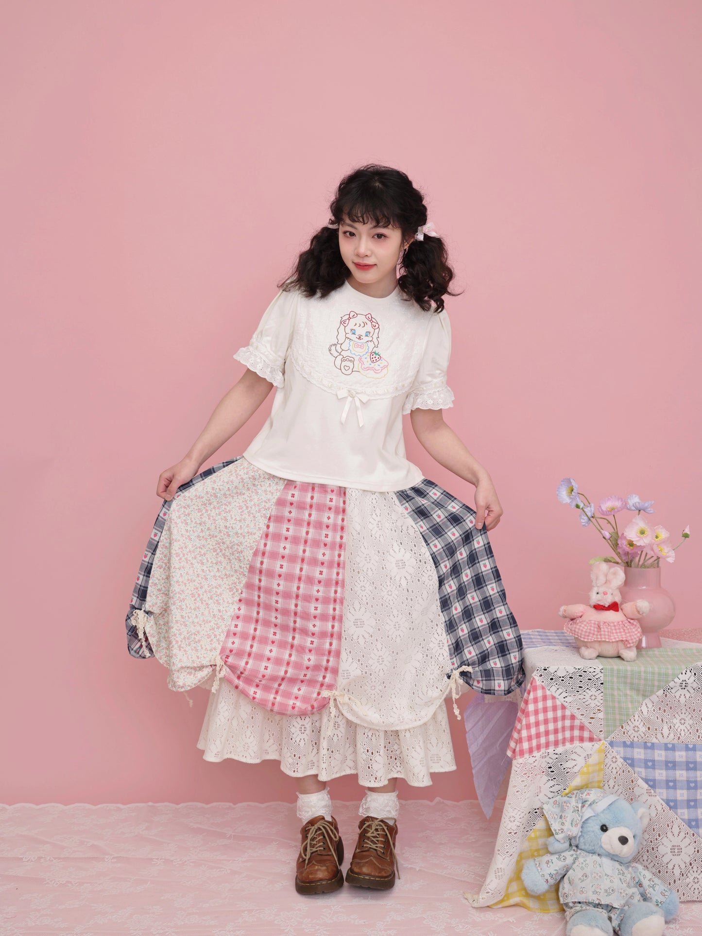 SemenCoicis Sweet Skirt Patchwork Strawberry Skirt Petal Lace Border Skirt skirt SemenCoicis
