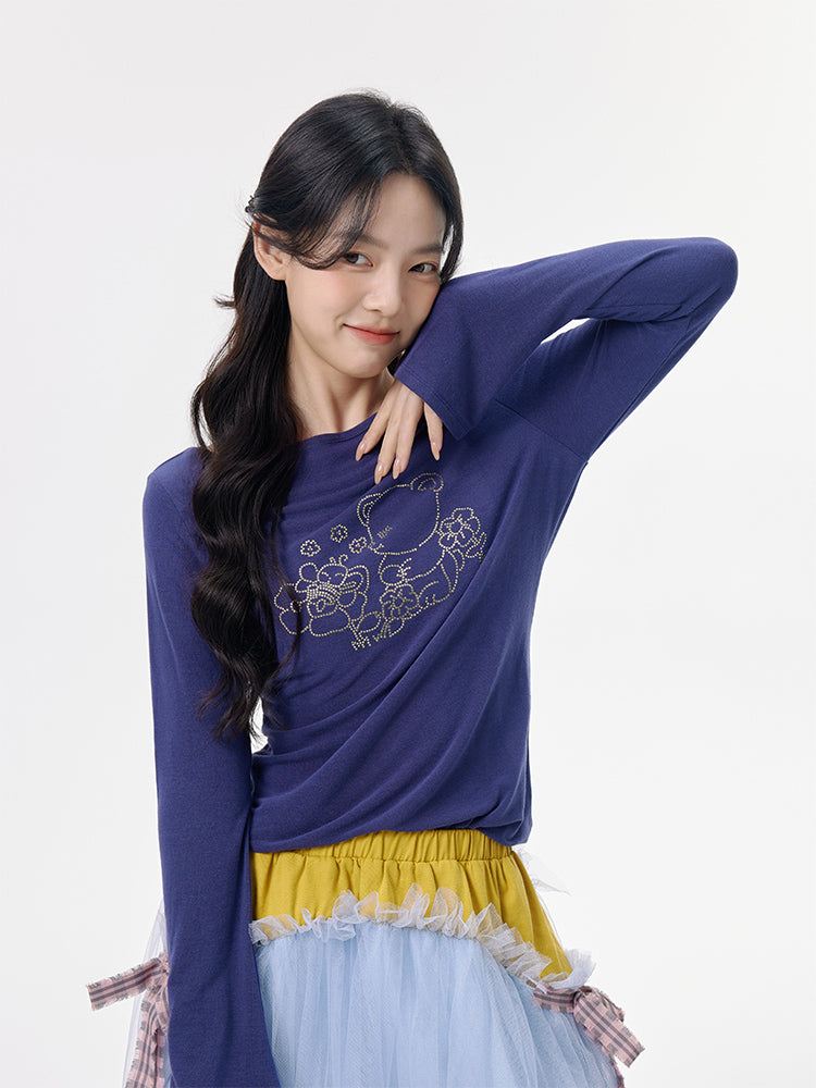 Tntntutu Base Layer Top | Dark Blue Bear Long Sleeve Shirt | Rhinestone Comfort Top shirt tntntutu