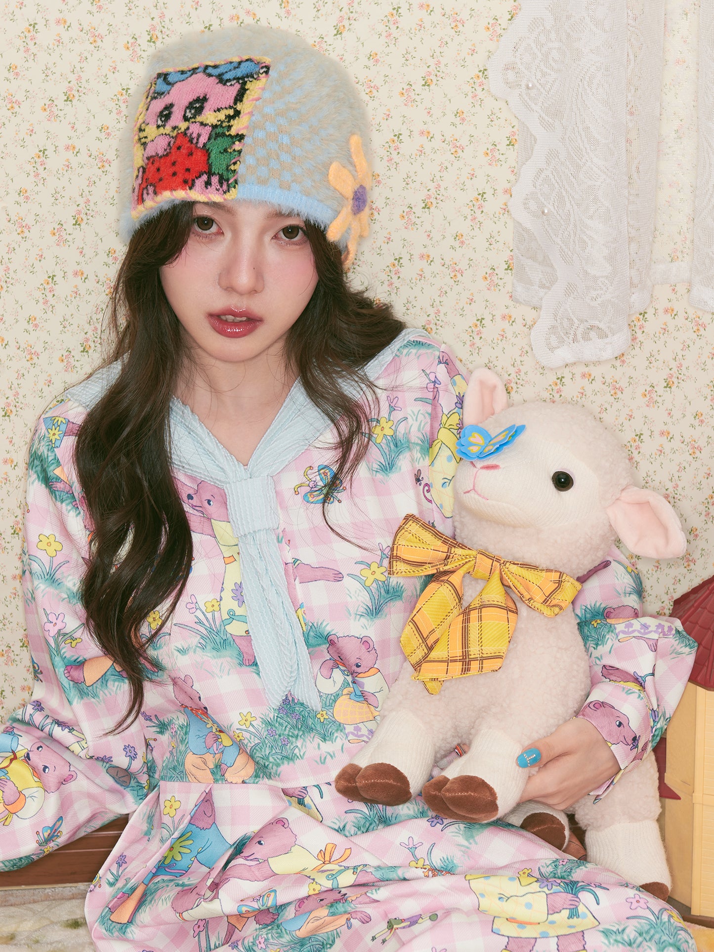 tntntutu - Kawaii Blue Bunny Flower Knit Beanie hat tntntutu
