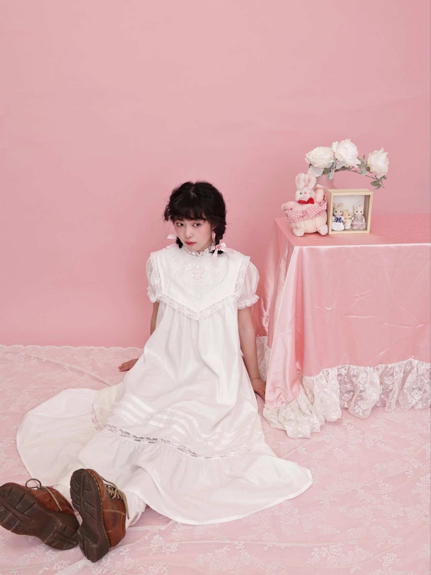 SemenCoicis - Vintage Floral Embroidered Pleated White Dress Retro Girl Style dress SemenCoicis
