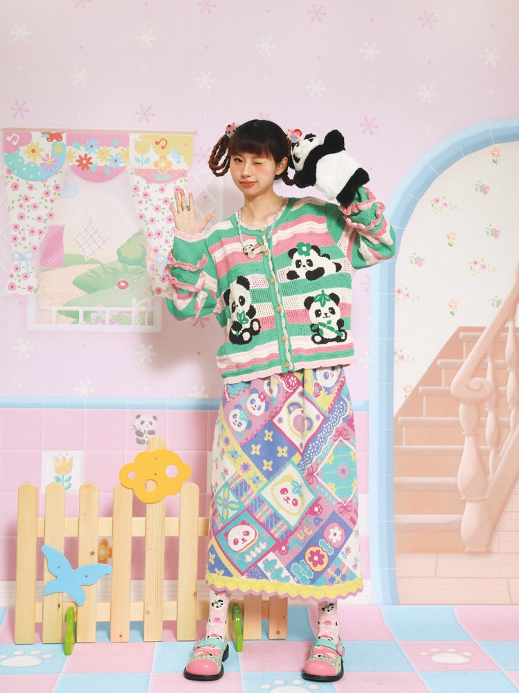 Lutra Jump Cardigan Striped Panda Cardigan Hollow Lace Knit Sweater cardigan Lutra Jump