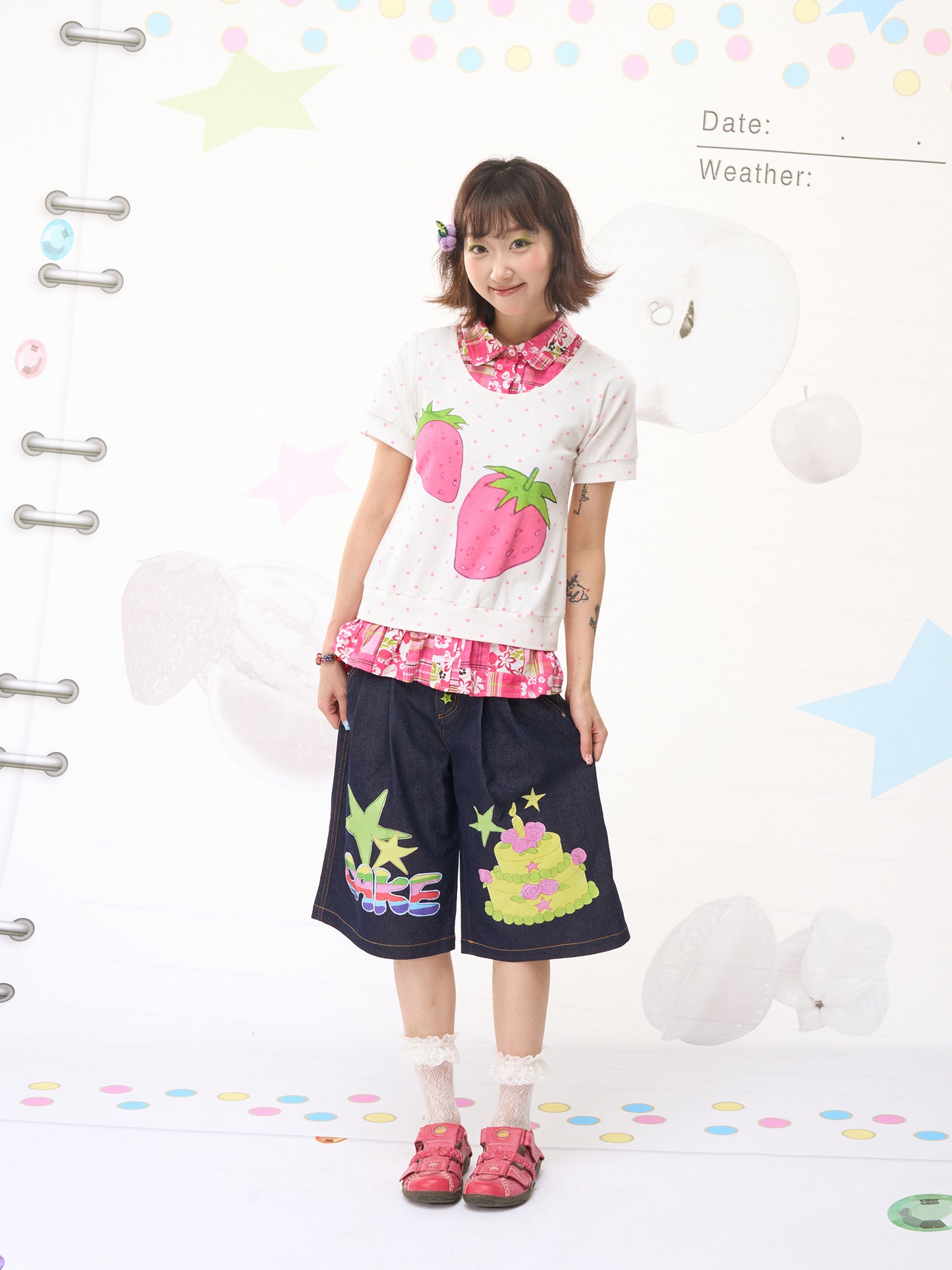 FRUITS Fun Cake Star Print Pants | Wide-Leg Denim Shorts pants Fruits