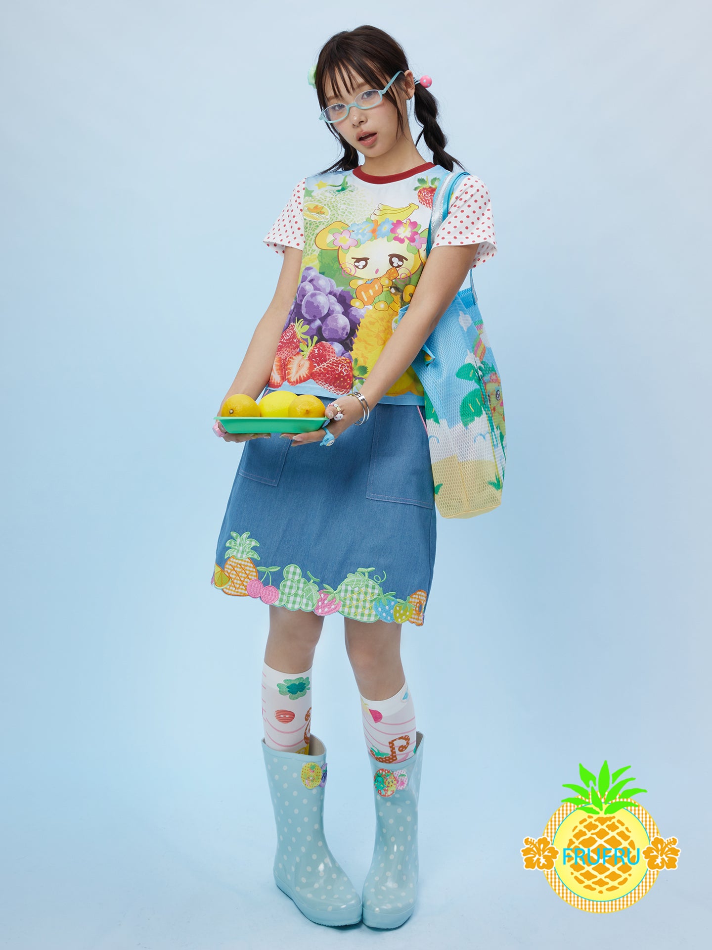 Frufru Blue Denim Mini Skirt | Fruit Embroidery Kawaii Skirt skirt frufru