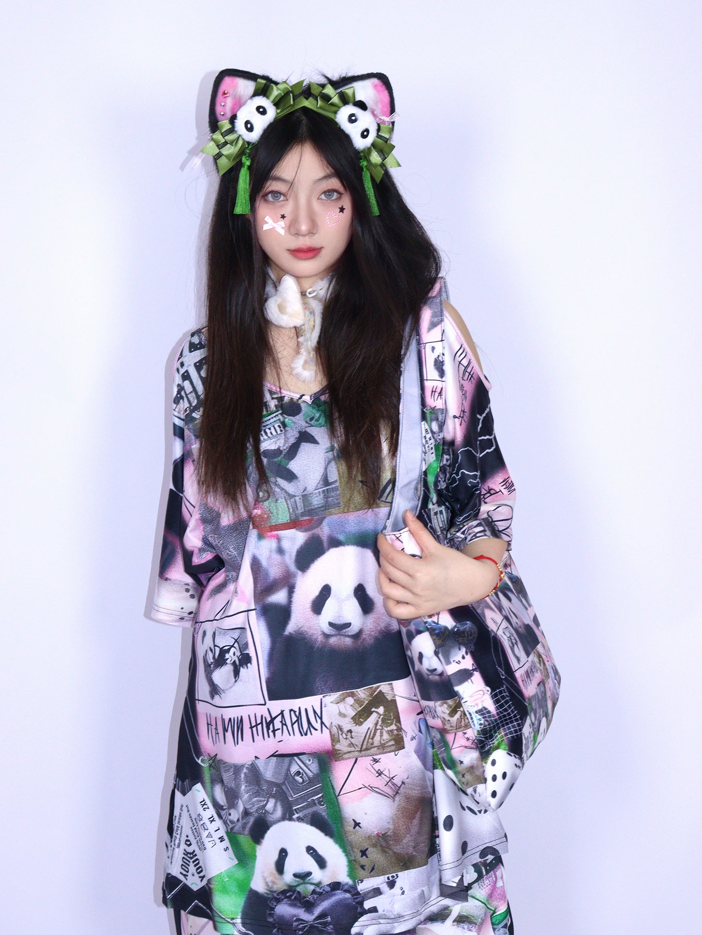 LEERROO - Y2K Panda Print Cold Shoulder Top shirt Leerroo