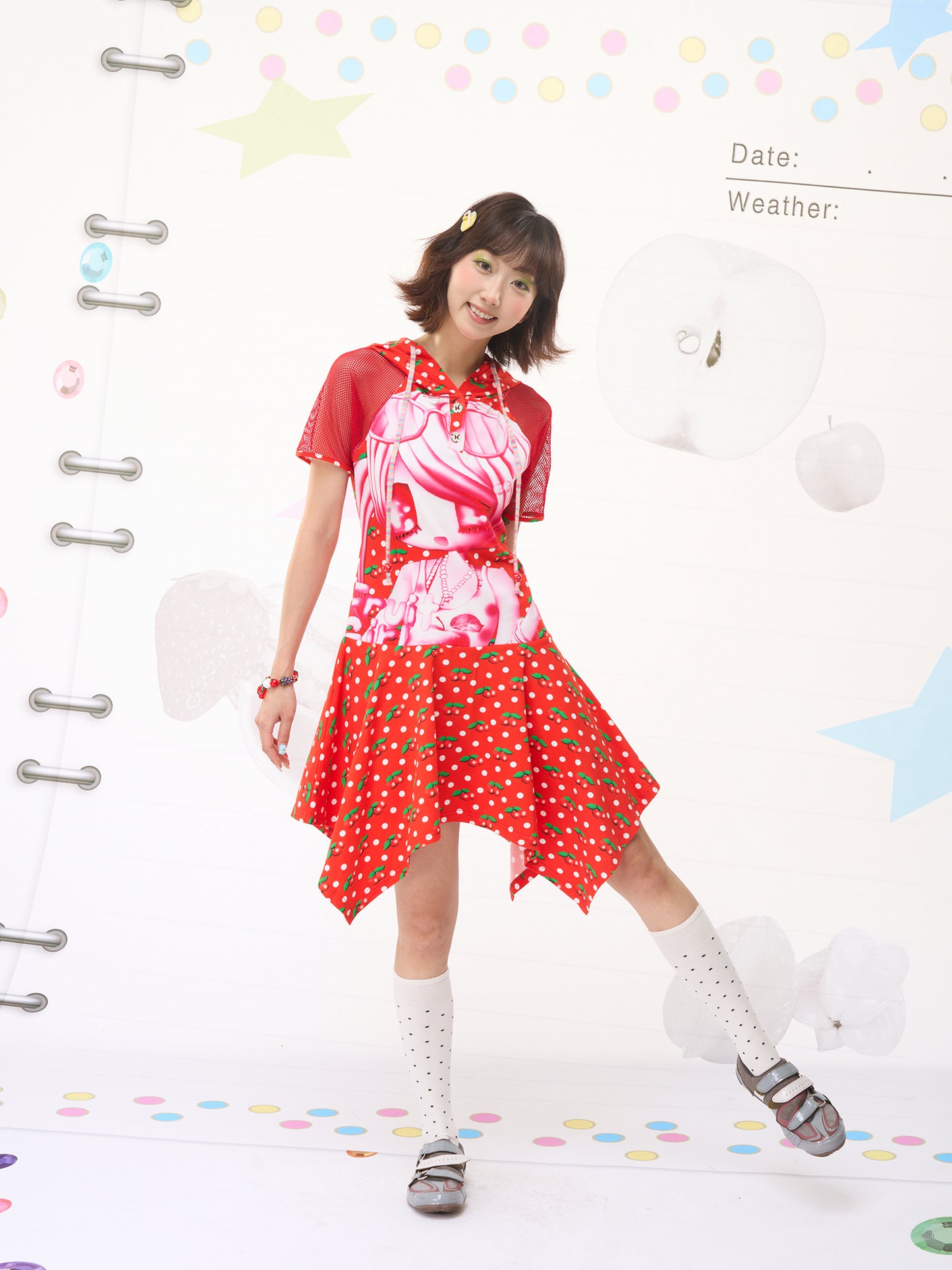 FRUITS Red Cherry Hoodie Dress | Cherry Dot Print & Mesh Sleeve Dress dress Fruits