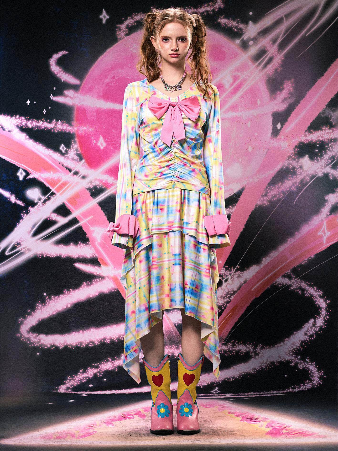 Monsssstar - Yellow Bow Print Two Piece Set set Monsssstar