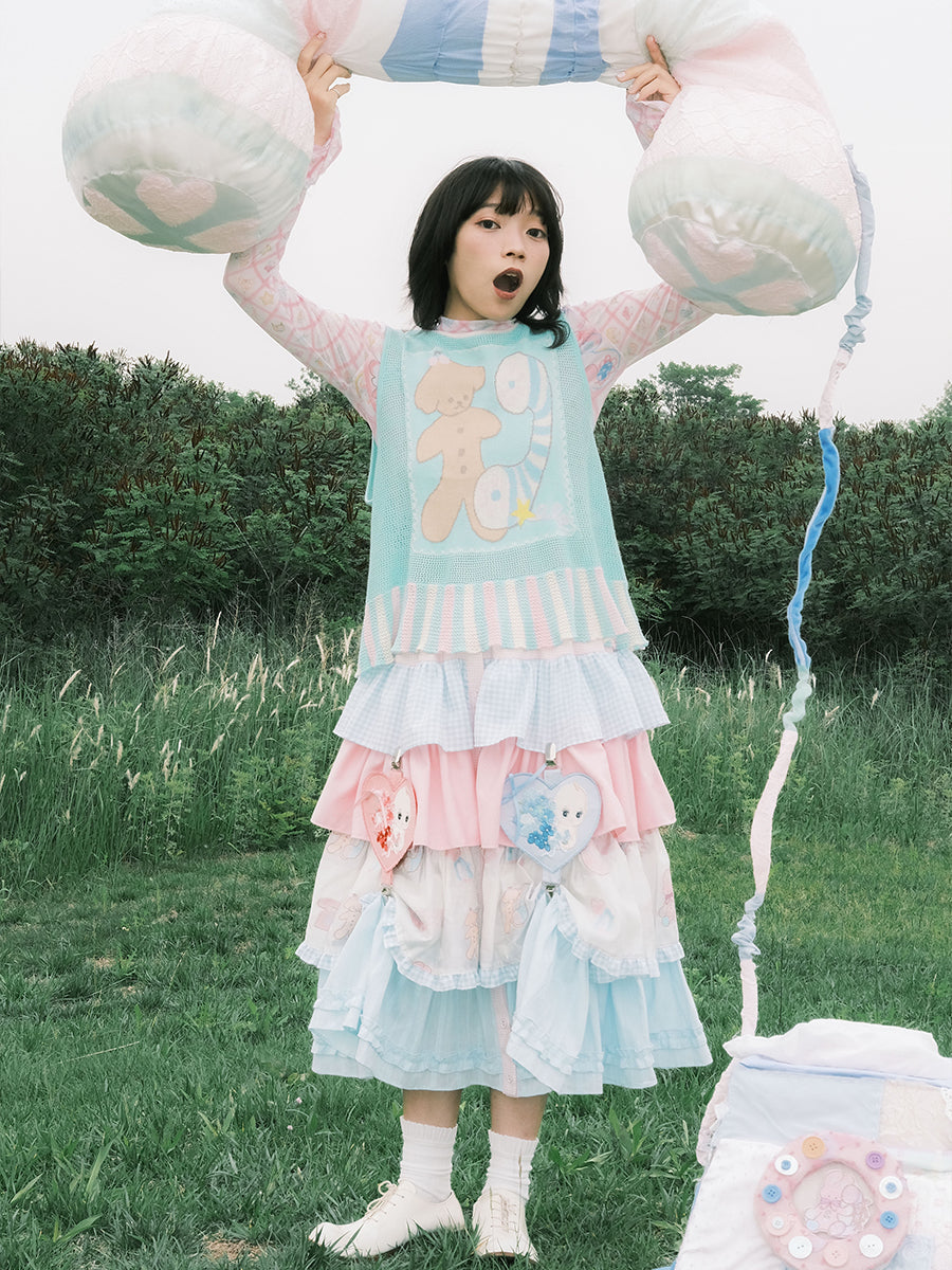 Harajuku Skirt Blue Pink Skirt Bunny Print Skirt Tiered Skirt skirt Meugler