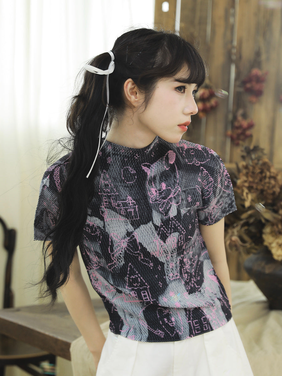Harajuku T-Shirt Maid Pattern Prints T-Shirt Gothic Girly T-Shirt Pleated Half-Sleeve T-Shirt tshirt Meugler