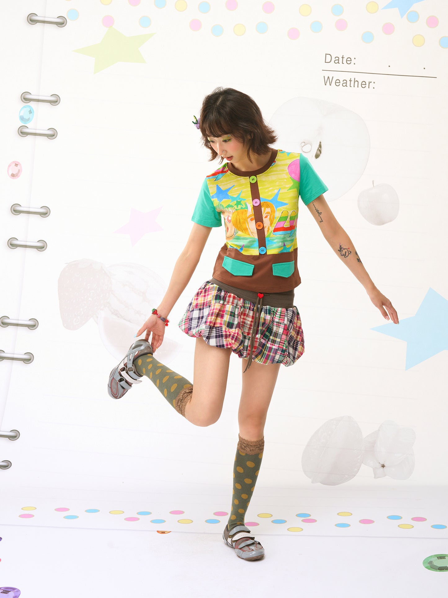 FRUITS Check‑Patchwork Skirt | Balloon Mini Skirt skirt Fruits