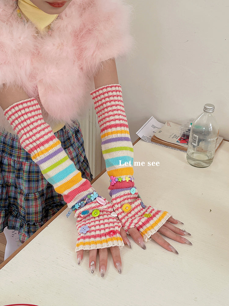 LET ME SEE Colorful Arm Warmers | Striped Button Knit Gloves sleeves let me see