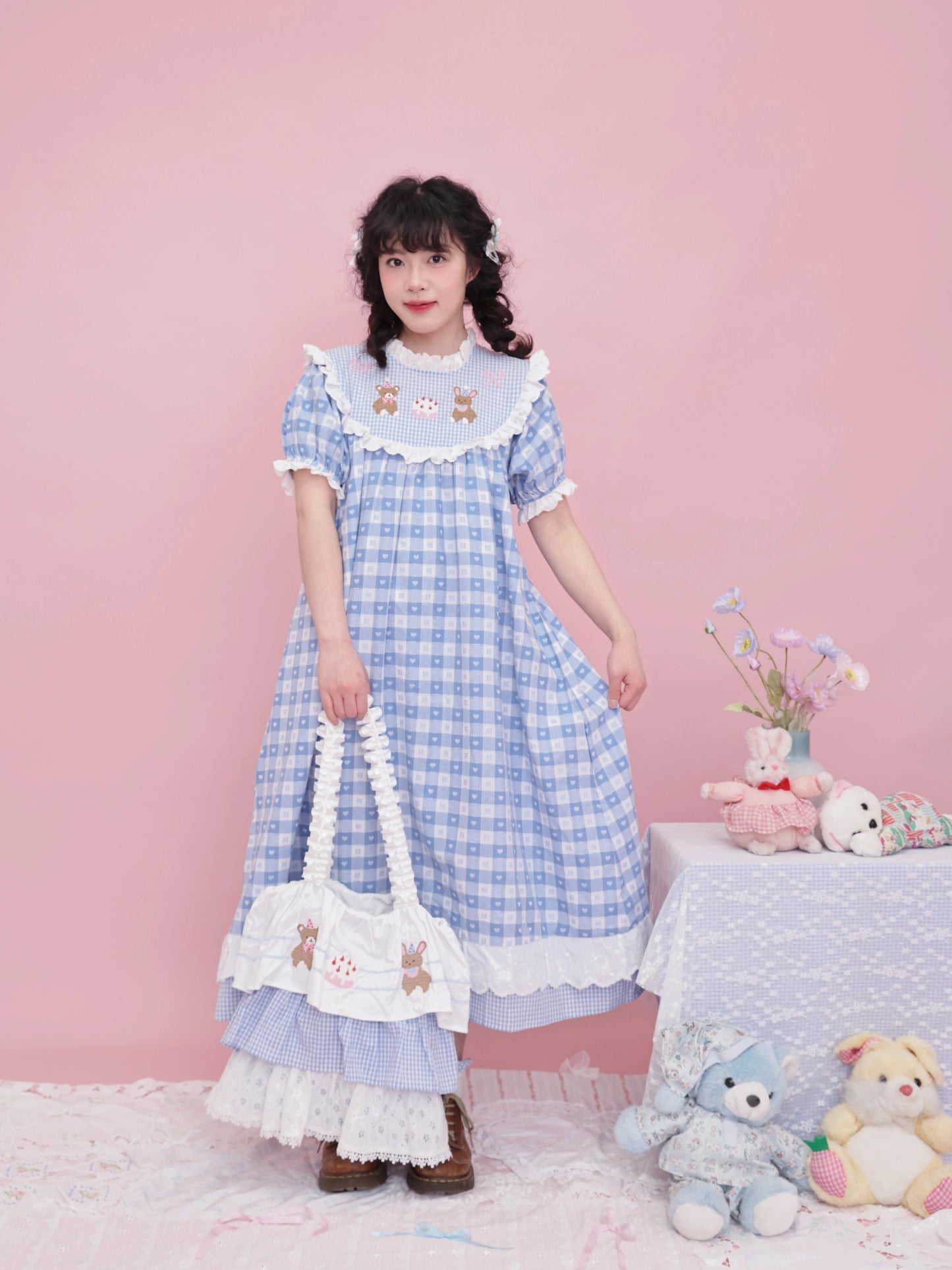 SemenCoicis Vintage Puff Sleeve Dress | Kawaii Embroidered Jacquard Check Dress dress SemenCoicis
