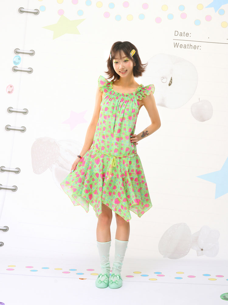 FRUITS Strawberry Dress | Illustration Asymmetric Hem Dress | Flutter Sleeve Dress dress Fruits