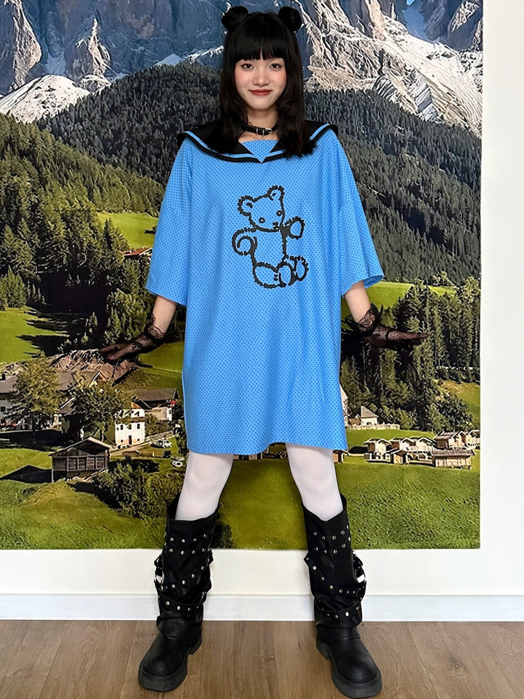 BunnyBunnyGun - Oversize T Dress Blue Polka Dot Sailor Collar dress bunnybunnygun