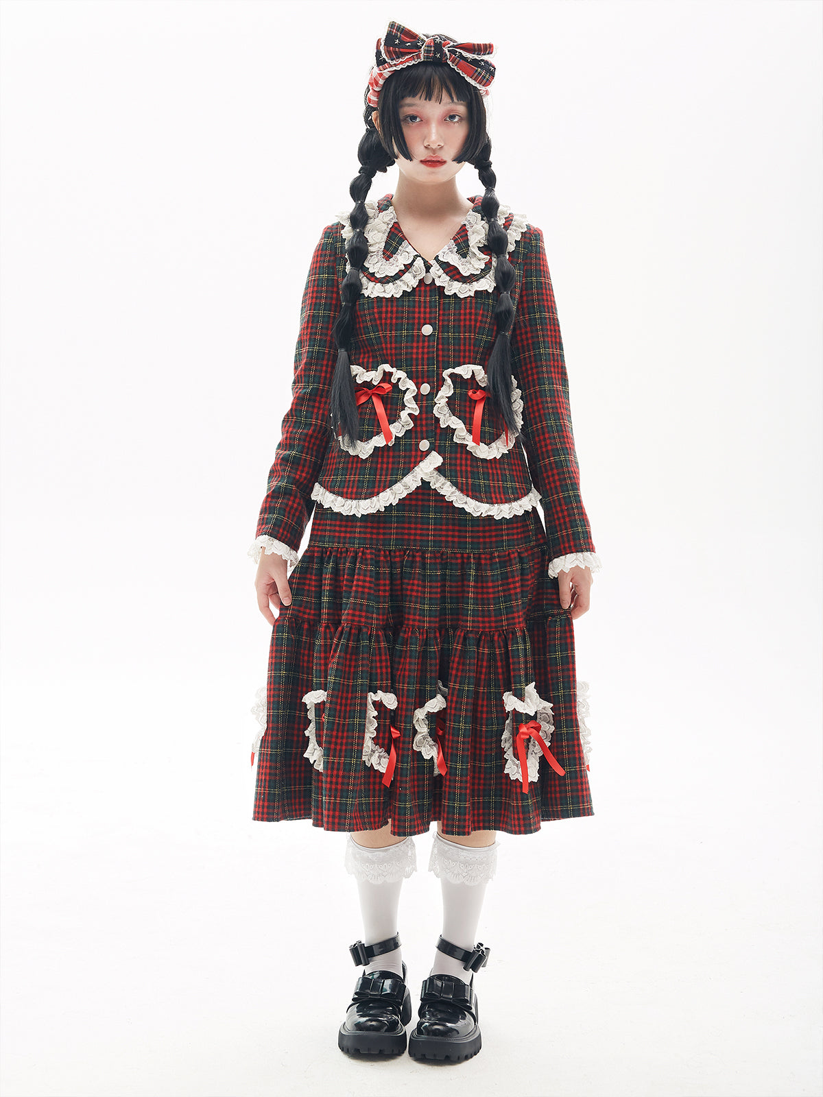 SOS MEME CLUB - Showa Retro Christmas Red Lace Trim Skirt skirt SOS MEME CLUB