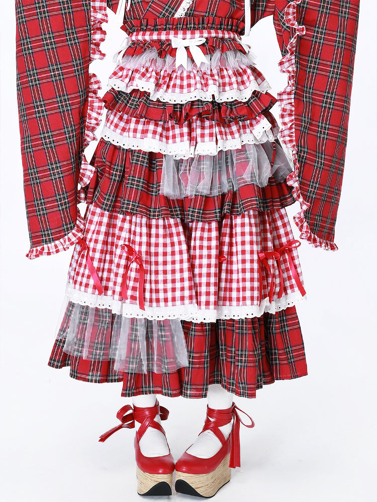 SOS MEME CLUB – Showa Red Plaid Modified Kimono Skirt skirt SOS MEME CLUB