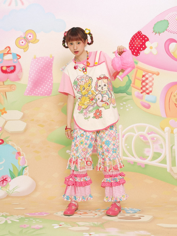 Lutra Jump Pants Patchwork Printed Pants Plaid Pink Elastic Cake Pants pants Lutra Jump