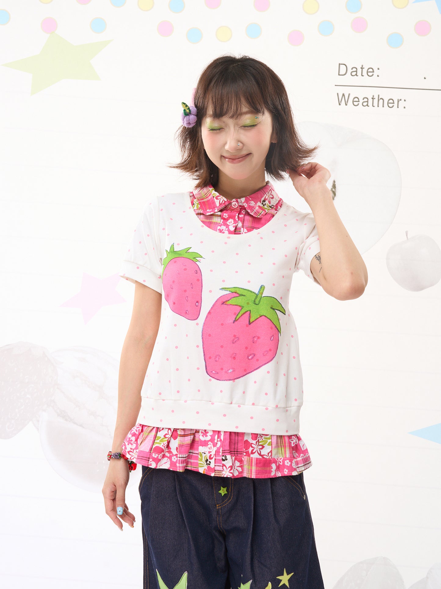 FRUITS Strawberry Polka Dot Tee | Patchwork Layered Two-in-One Tee tshirt Fruits