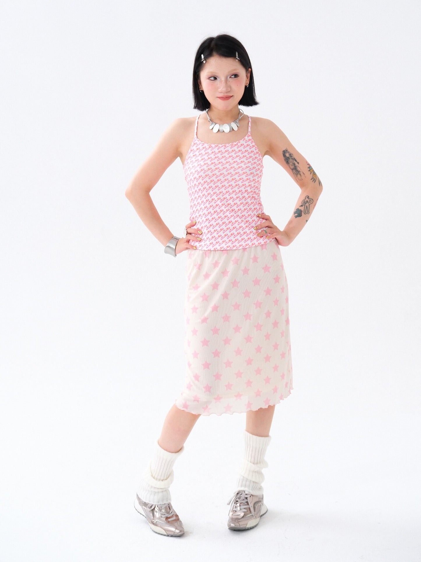 OurHappy Kawaii Harajuku Mid Skirt | Star Mesh Layered A-Line Skirt skirt Our Happy