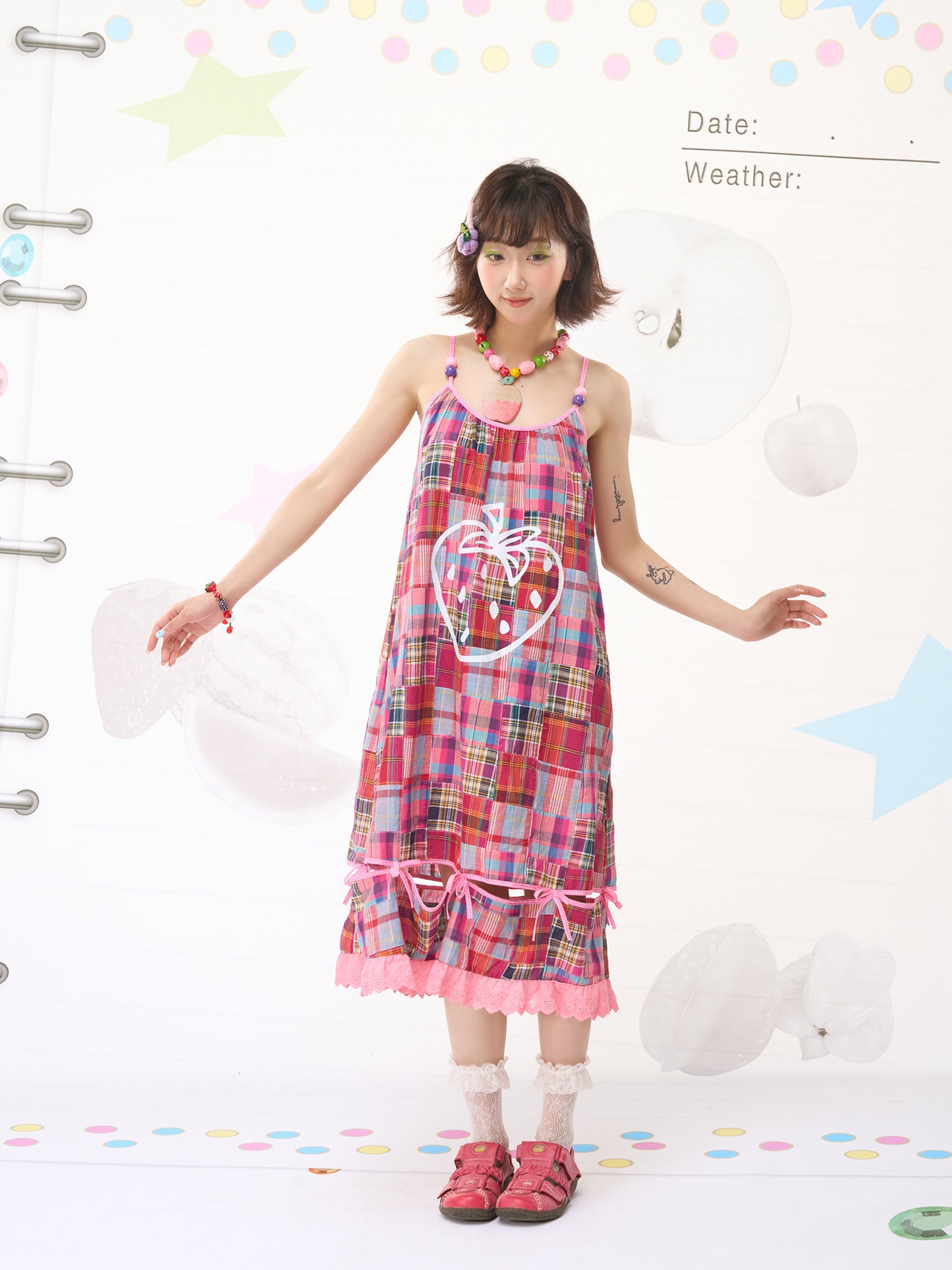 FRUITS Checkered Dress | Red Patchwork Strap Dress dress Fruits