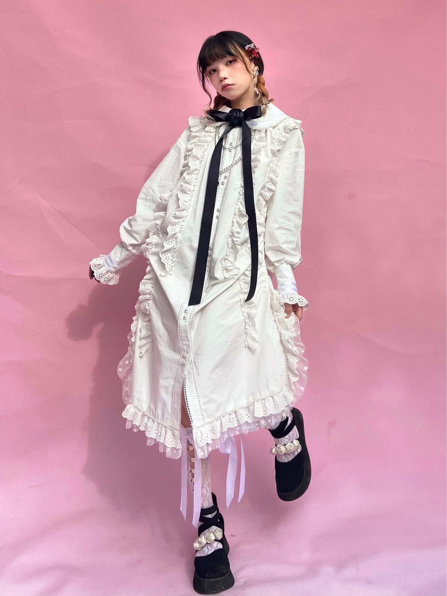 ShiChang White Punk Dress | Sweet-Cool Cotton Dress | Vintage Girl Aesthetic dress ShiChang